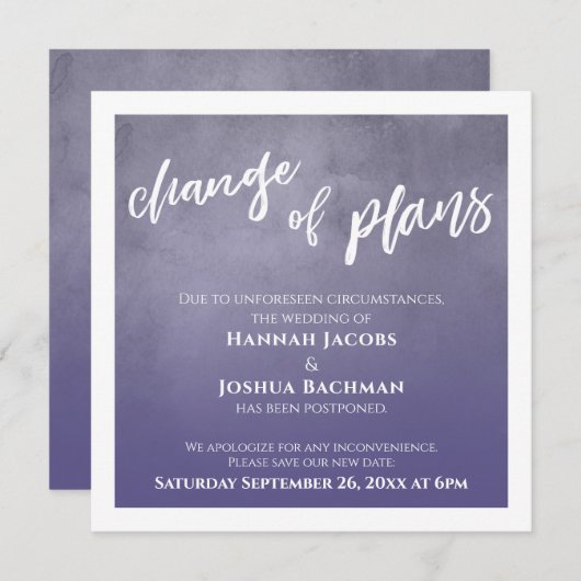 Paarse Uitgestelde Bruiloft Verandering van Planne Kaart (Voorkant / Achterkant)