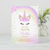 Paarse uitnodiging met regenboog eenhoorn (Staand voorkant)