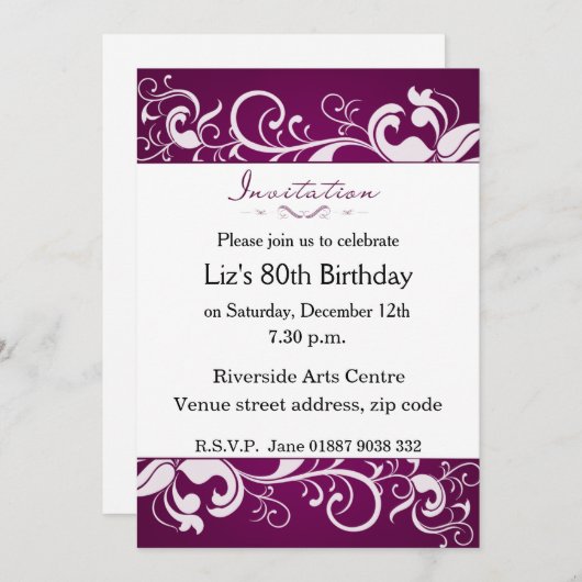 Paarse uitnodiging op 80e verjaardag (Voorkant / Achterkant)