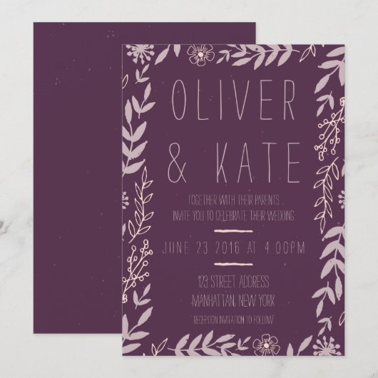 Paarse uitnodiging tot een Floral Weddenschap (Voorkant / Achterkant)