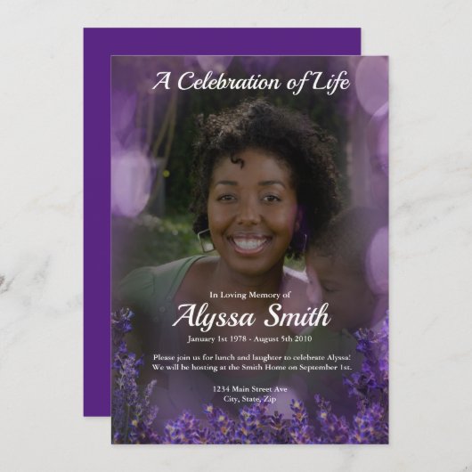 Paarse uitnodiging tot herdenking van de bloem (Voorkant / Achterkant)