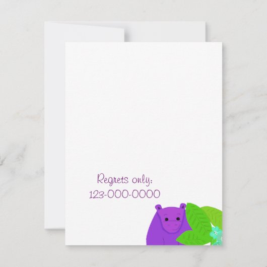 Paarse uitnodiging tot het Baby shower Hippo (Achterkant)