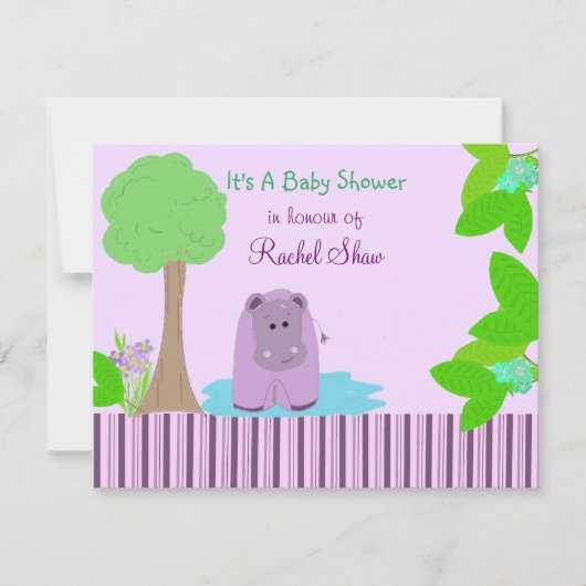 Paarse uitnodiging tot het Baby shower Hippo (Voorkant)