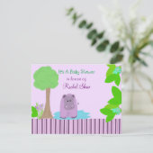 Paarse uitnodiging tot het Baby shower Hippo (Staand voorkant)