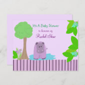 Paarse uitnodiging tot het Baby shower Hippo (Voorkant / Achterkant)