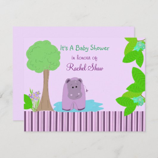 Paarse uitnodiging tot het Baby shower Hippo (Voorkant / Achterkant)
