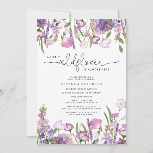 Paarse uitnodiging tot het Baby shower van wilde b (Voorkant)