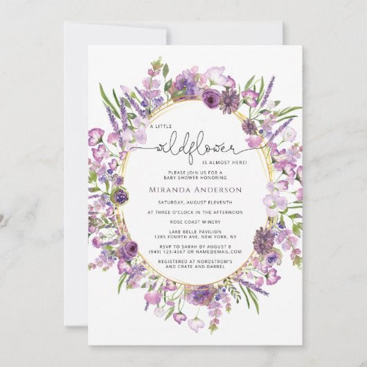 Paarse uitnodiging tot het Baby shower van wilde b (Voorkant)