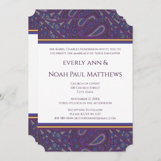 Paarse uitnodiging tot het huwelijk van Plum Paisl (Voorkant / Achterkant)