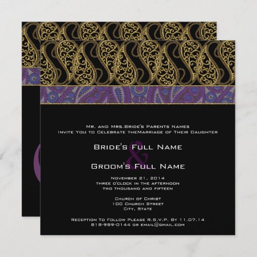 Paarse uitnodiging tot het huwelijk van Plum Paisl (Voorkant / Achterkant)