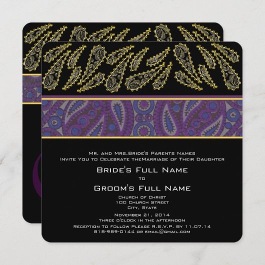 Paarse uitnodiging tot het huwelijk van Plum Paisl (Voorkant / Achterkant)