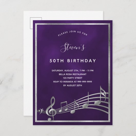 Paarse uitnodiging tot het indienen van muzieknote (Voorkant / Achterkant)