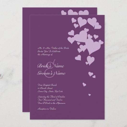 Paarse uitnodiging tot het trekken van harten (Voorkant / Achterkant)