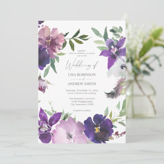 Paarse uitnodiging tot uitzending van bruiloften (Staand voorkant)