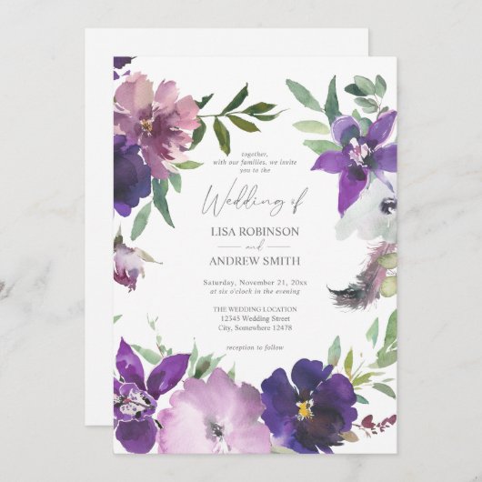 Paarse uitnodiging tot uitzending van bruiloften (Voorkant / Achterkant)