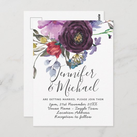 Paarse uitnodiging tot weduwschap Modern Floral (Voorkant / Achterkant)