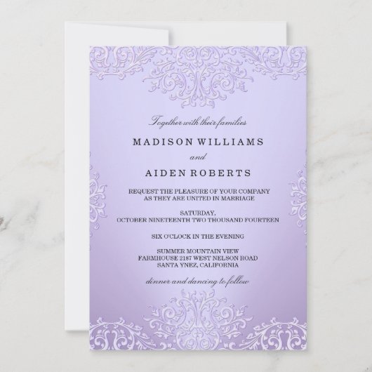 Paarse uitnodiging tot weduwschap over Damask (Voorkant)