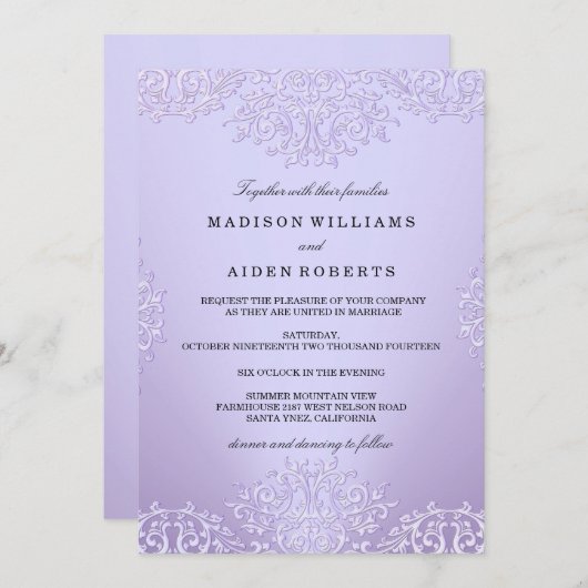 Paarse uitnodiging tot weduwschap over Damask (Voorkant / Achterkant)