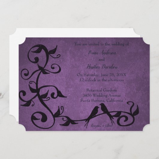 Paarse uitnodiging tot weduwschap over Lovevogels (Voorkant / Achterkant)