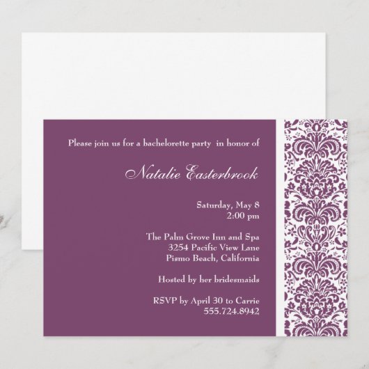 Paarse uitnodiging van Damask Bachelorette (Voorkant / Achterkant)