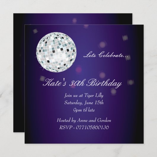 Paarse uitnodiging van Disco Ball Birthday (Voorkant / Achterkant)