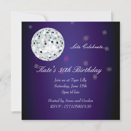 Paarse uitnodiging van Disco Ball Birthday (Voorkant)