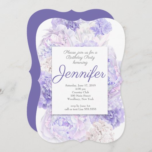Paarse uitnodiging van Floral Birthday (Voorkant / Achterkant)