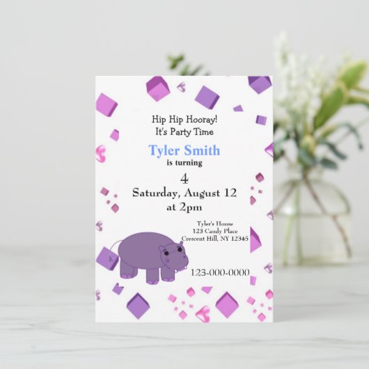 Paarse uitnodiging van Hippo-partij (Staand voorkant)
