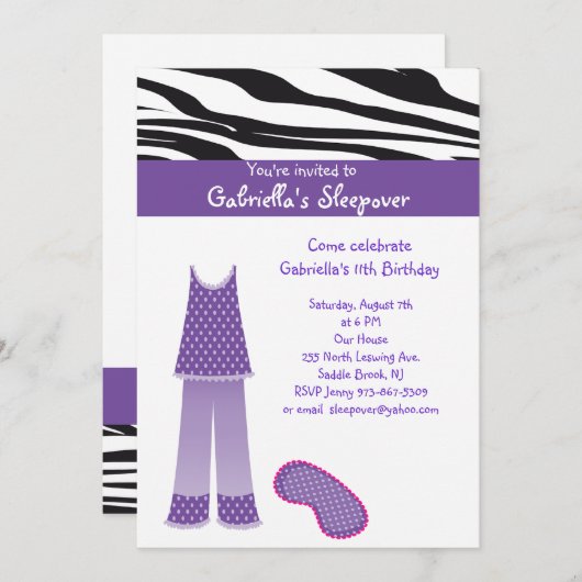 Paarse uitnodiging van PJ/Zebra Slapepover (Voorkant / Achterkant)