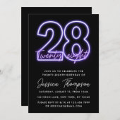Paarse uitnodiging voor 28e verjaardag Neon (Voorkant / Achterkant)