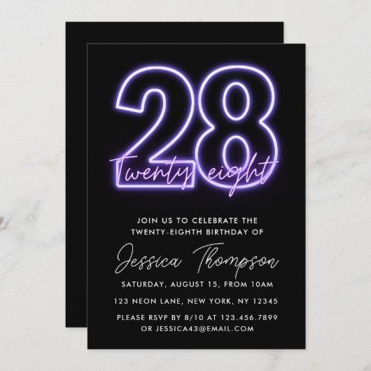 Paarse uitnodiging voor 28e verjaardag Neon (Voorkant / Achterkant)