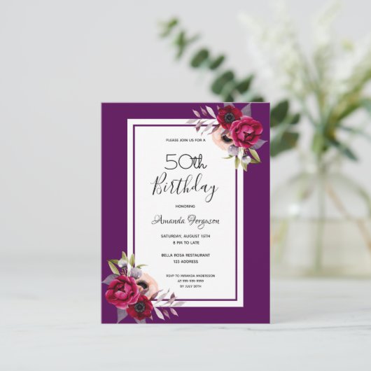 Paarse uitnodiging voor bloemenonderzoek in Birthd (Staand voorkant)