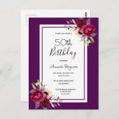 Paarse uitnodiging voor bloemenonderzoek in Birthd (Voorkant / Achterkant)