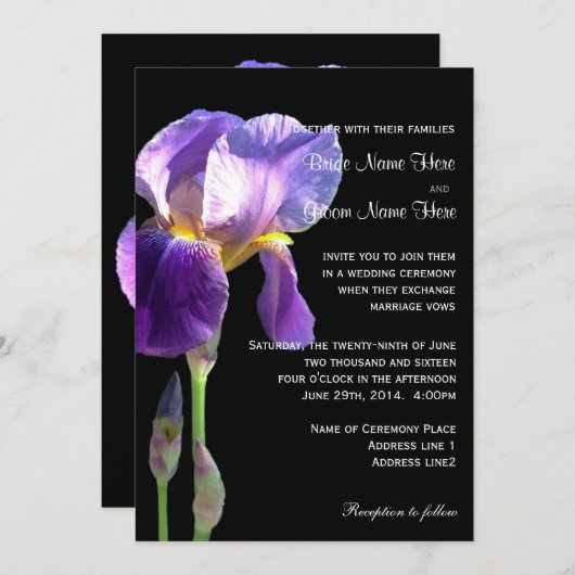 Paarse uitnodiging voor de bruiloft van irisbloem (Voorkant / Achterkant)