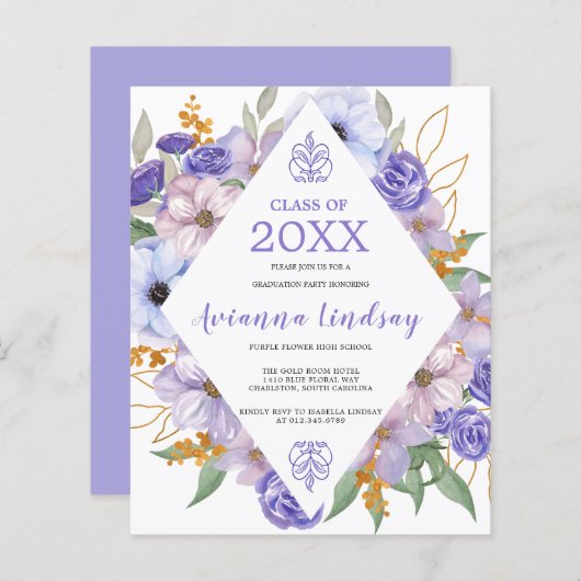 Paarse uitnodiging voor de Floral Gradual Graduy (Voorkant / Achterkant)