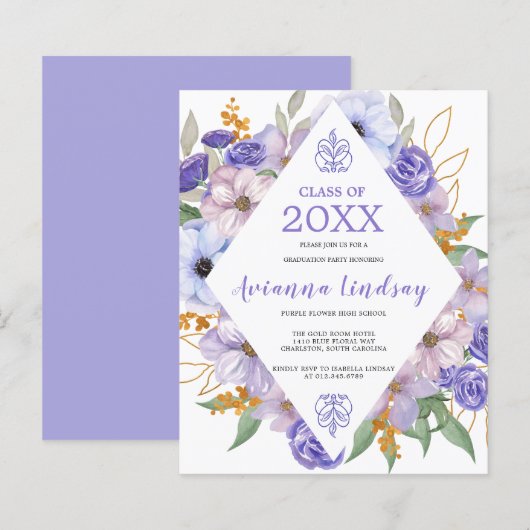 Paarse uitnodiging voor de Floral Gradual Graduy (Voorkant / Achterkant)