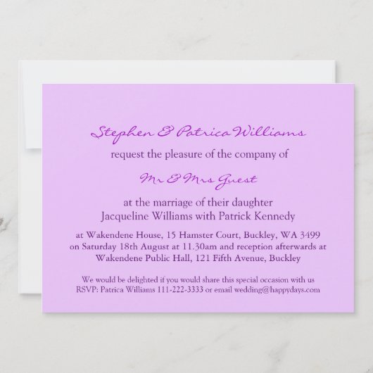Paarse uitnodiging voor een bruiloft (Achterkant)