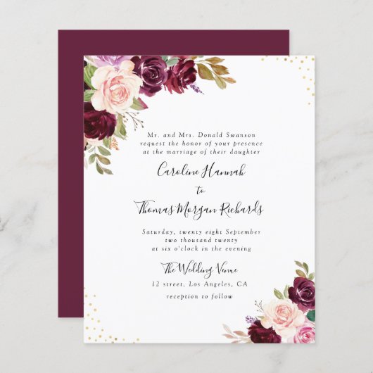 paarse uitnodiging voor een trouwe bruiloft (Voorkant / Achterkant)