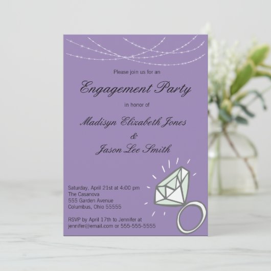 Paarse uitnodiging voor een verlovingsfeest (Staand voorkant)