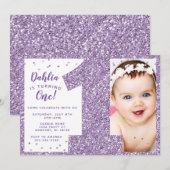 Paarse uitnodiging voor eerste verjaardag, Faux Gl (Voorkant / Achterkant)