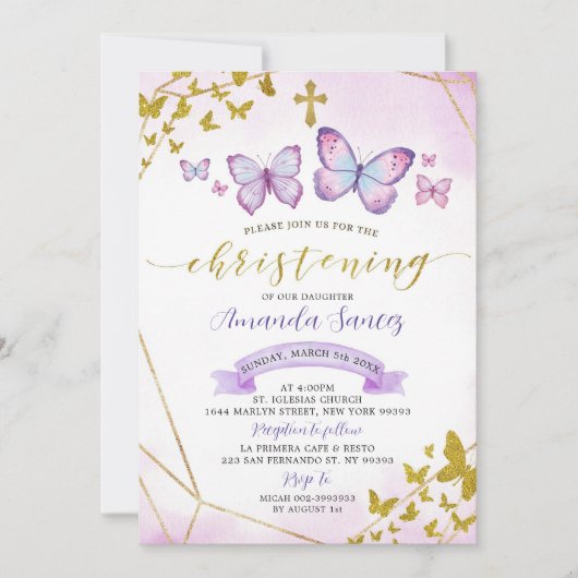 Paarse uitnodiging voor Floral en Butterfly Christ (Voorkant)
