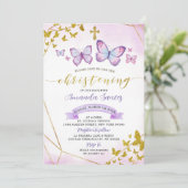 Paarse uitnodiging voor Floral en Butterfly Christ (Staand voorkant)