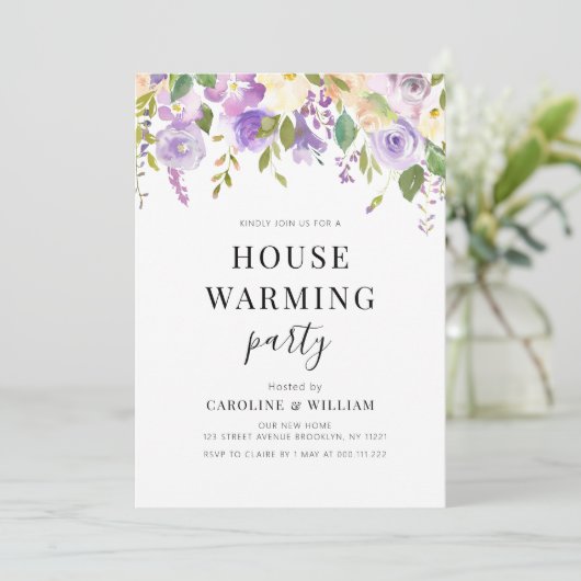 paarse uitnodiging voor het opwarmen van het huish (Staand voorkant)