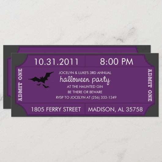 Paarse uitnodiging voor het Ticket van Halloween (Voorkant / Achterkant)