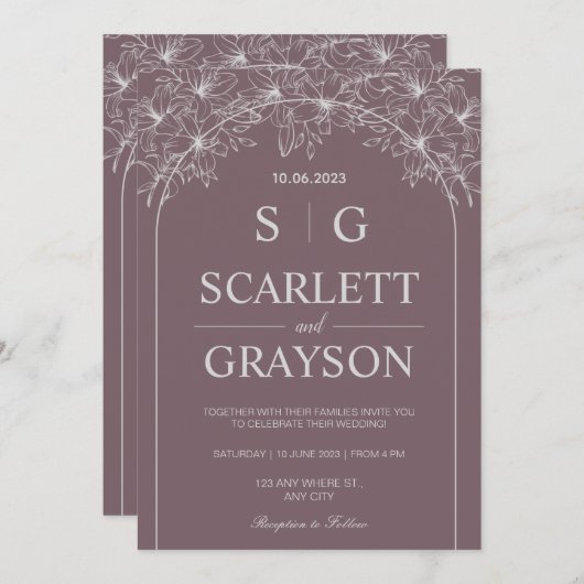 Paarse uitnodiging voor moderne bruiloft (Voorkant / Achterkant)