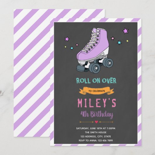 Paarse uitnodiging voor schaats Roller (Voorkant / Achterkant)