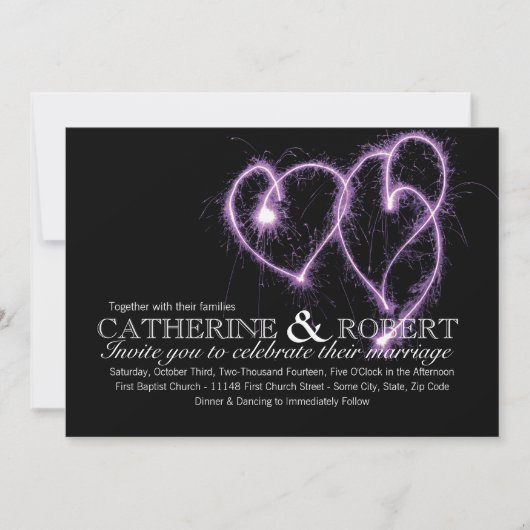 Paarse uitnodiging voor trouwfeest met vonkende ha (Voorkant)