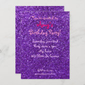 Paarse uitnodiging voor verjaardag glitter (Voorkant / Achterkant)