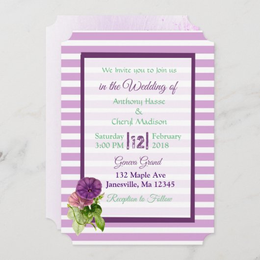 Paarse uitnodigingen tot bruiloft in petunias (Voorkant / Achterkant)