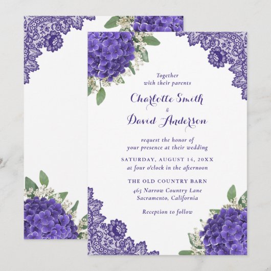 Paarse uitnodigingen tot weduwschap met hydrangea (Voorkant / Achterkant)